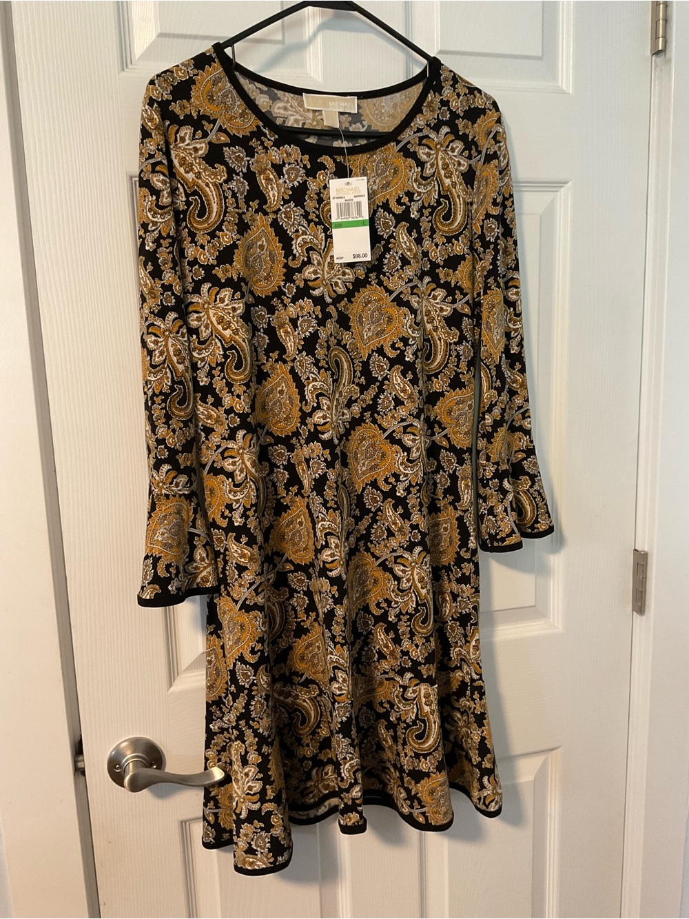 Michael Kors Black and Gold Paisley Long-Sleeve Fit-and-Flare Dress
